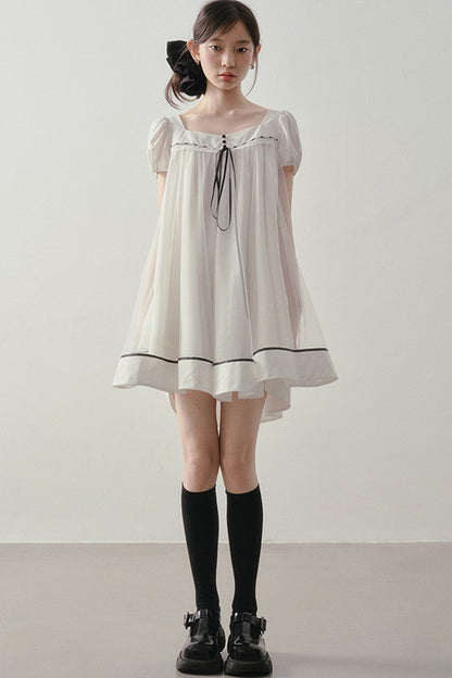 White A-Line Puff Sleeve Contrast Piping Dress