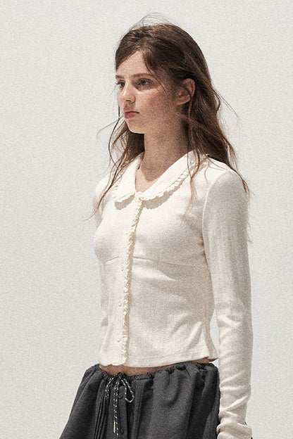 Doll Collar Textured Hollow Floral Cardigan