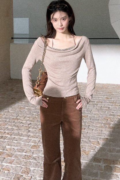 High-Waisted Corduroy Flared Belt Loops Pants