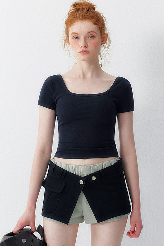 Navy Blue Ribbed Knit Neck Crop Top