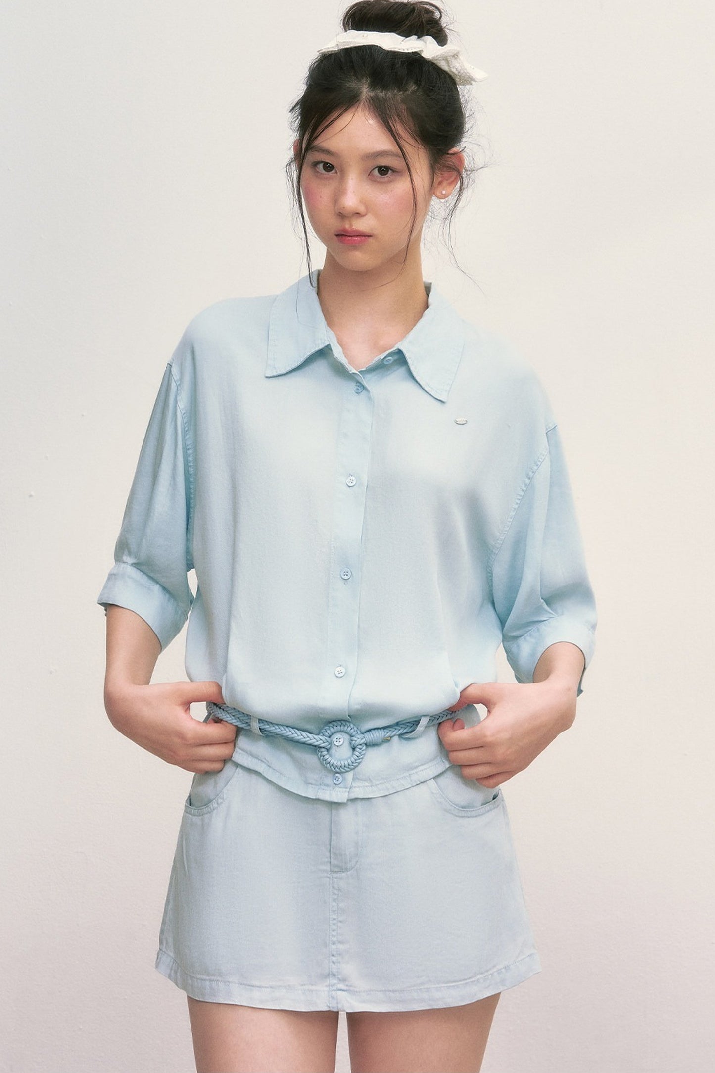 Short Sleeve Light Blue Shirt and Skirt Set-Up