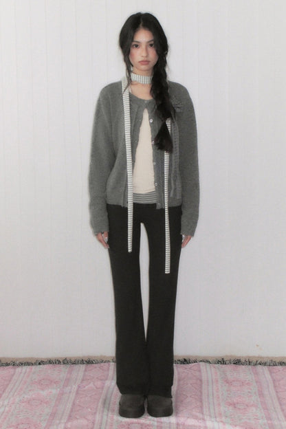 Gray Plaid Bow Knit Sweater and Pants Set-Up