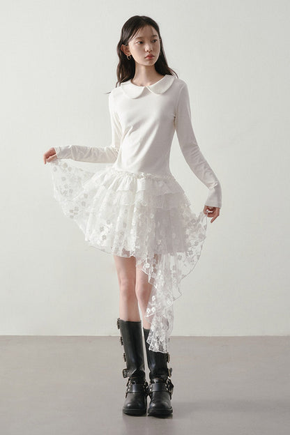 White Floral Lace Mesh High-Waisted Skirt