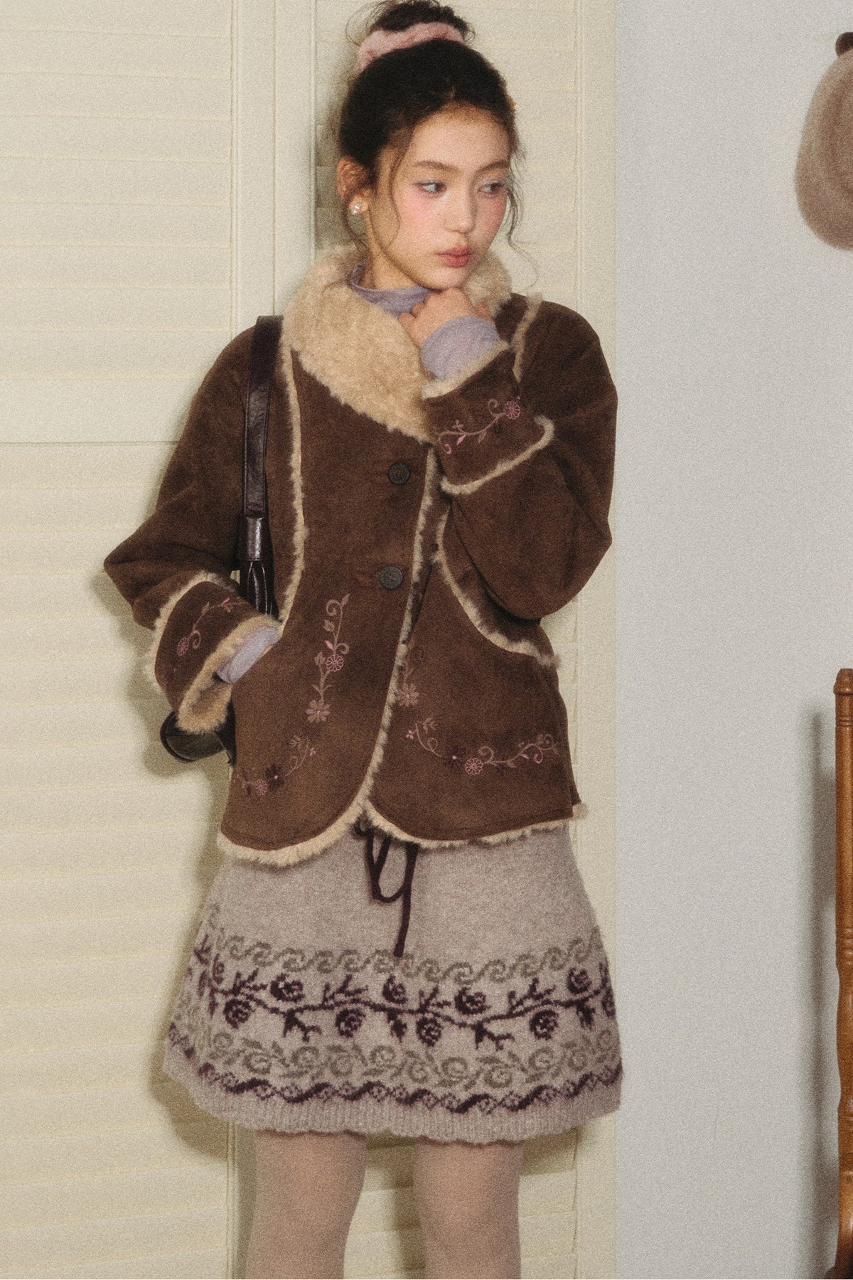 High-Waisted Floral Jacquard Knit A-Line Drawstring Skirt Set-Up