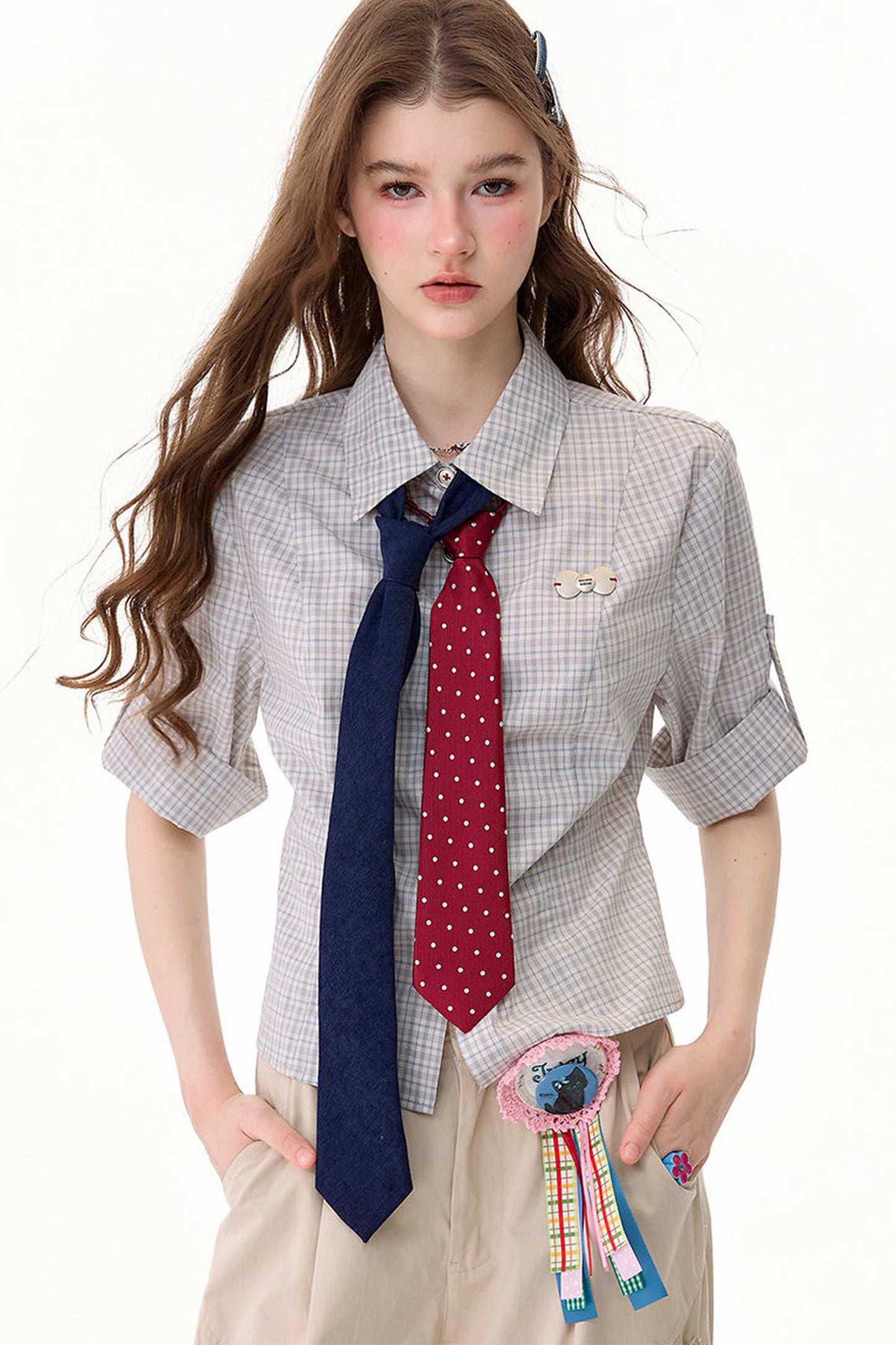 Camicia a maniche corte a quadri grigio chiaro