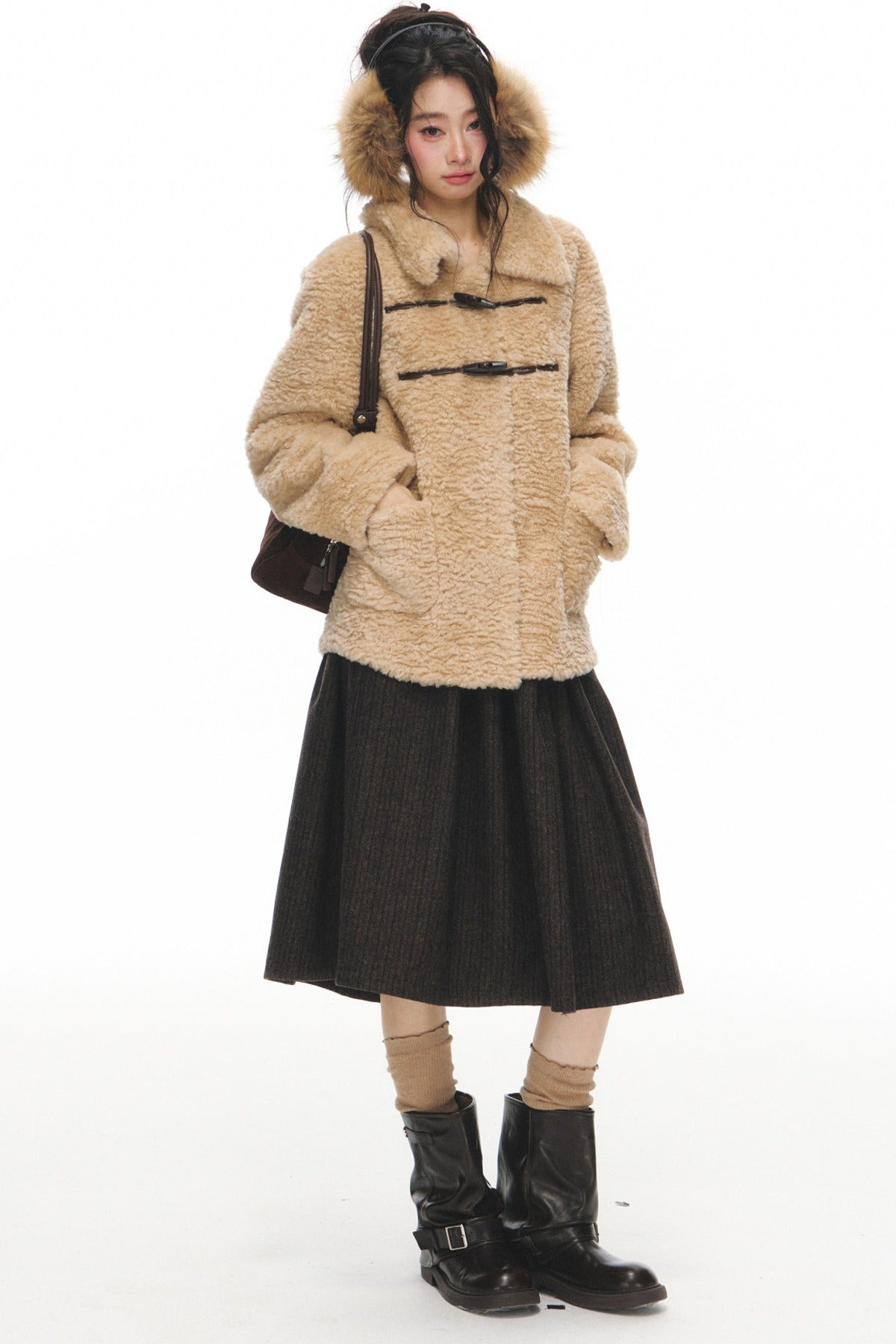 Fur Collar Horn Button Jacket Skirt Set-Up