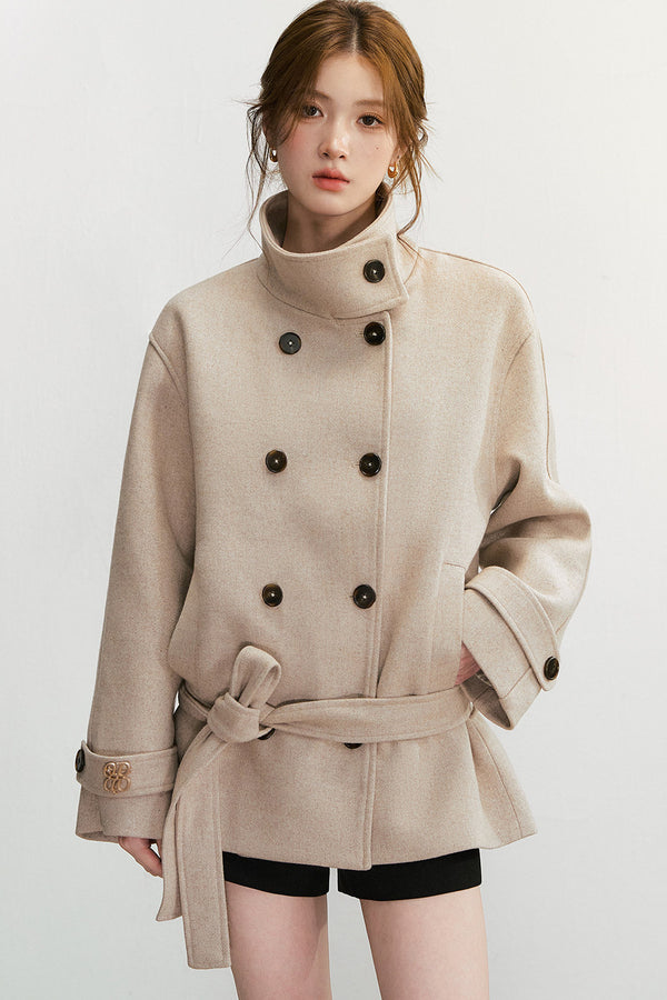 50% Wool Double-Breasted Tie Waist Jacket