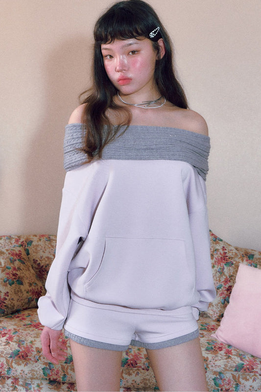 Off-Shoulder Cuffed Pullover Sweatshirt and Shorts Set-Up