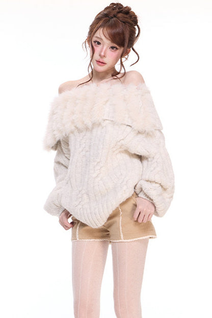 One-Shoulder Oversized Patchwork Cable Knit Sweater and Woolen Shorts Set-Up