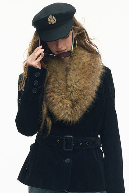 Belted Suede Fur Collar Jacket
