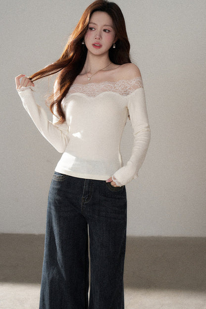 One-Shoulder Lace Knit Top and Jeans Set-Up