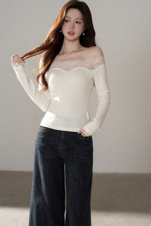 One-Shoulder Lace Knit Top and Jeans Set-Up