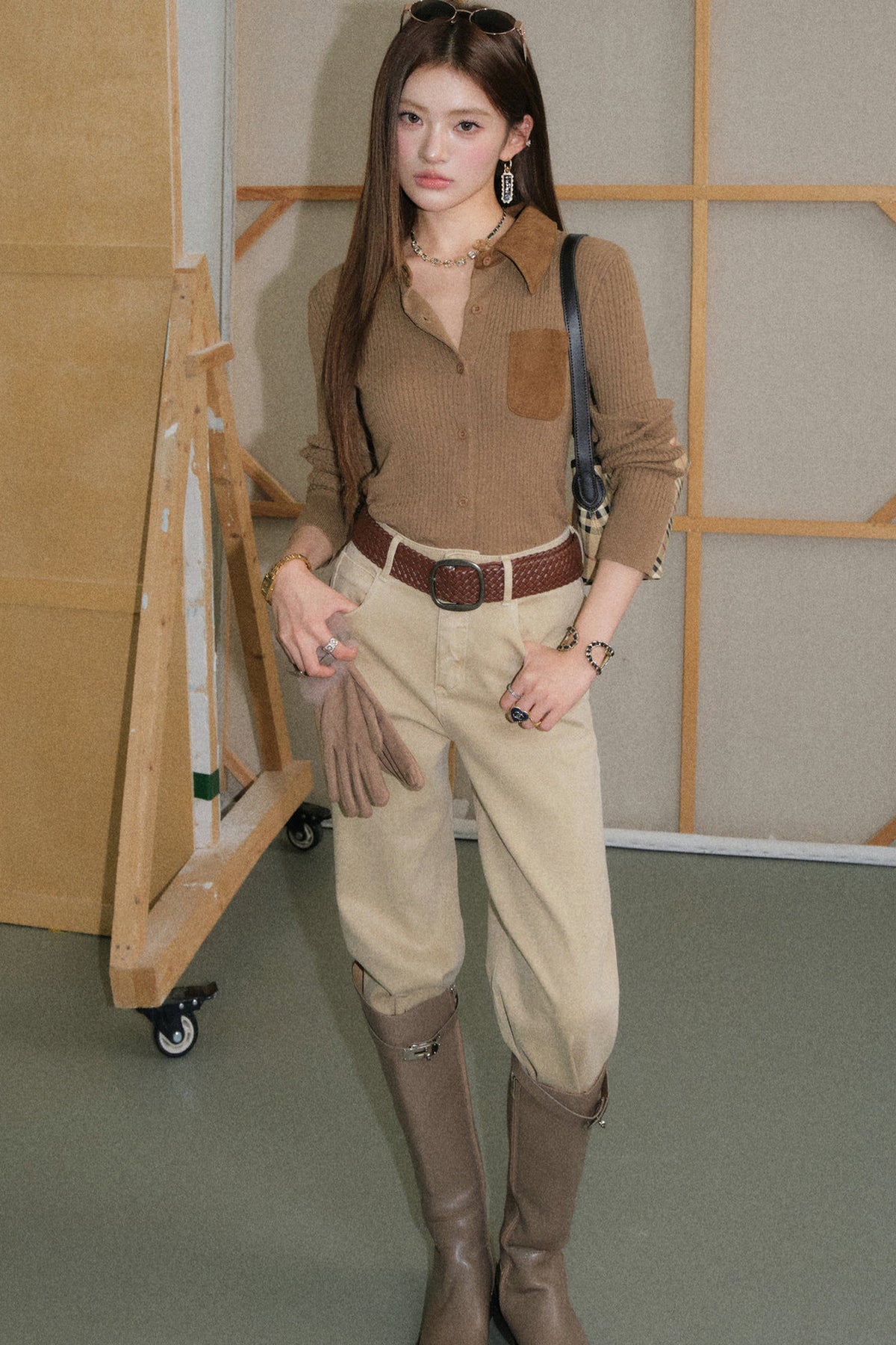 Vintage Coffee Lapel Knit Cardigan and Pants Set-Up
