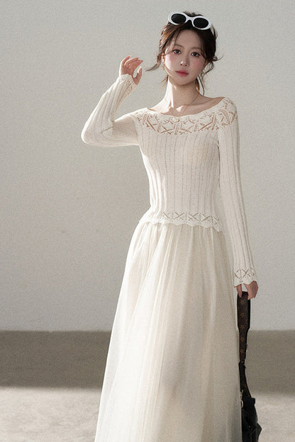 Off-Shoulder Lace Hollow-Out Knit Pullover