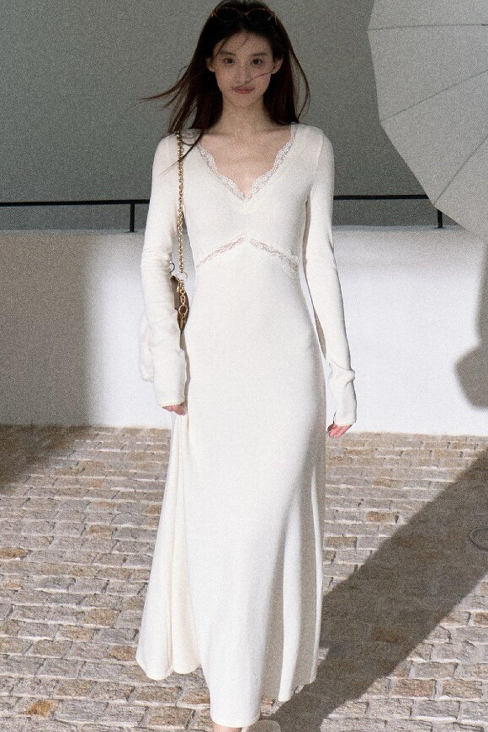 A-Line Lace Splicing Knit Long-Sleeve Dress