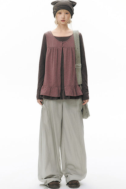 Striped Knit Patchwork Long-Sleeve Top