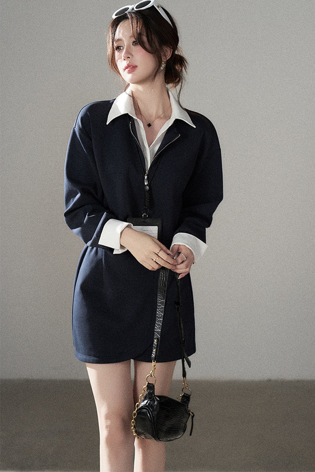 Layered-Look Polo Collar Sweatshirt Dress