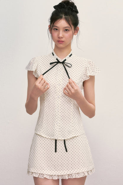 Polka Dot Tie Neck Short-Sleeved Shirt and Skirt Set-Up