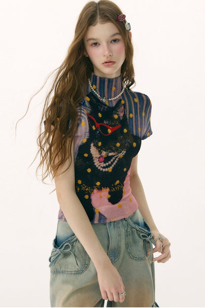 Pleated Cat Print Blouse