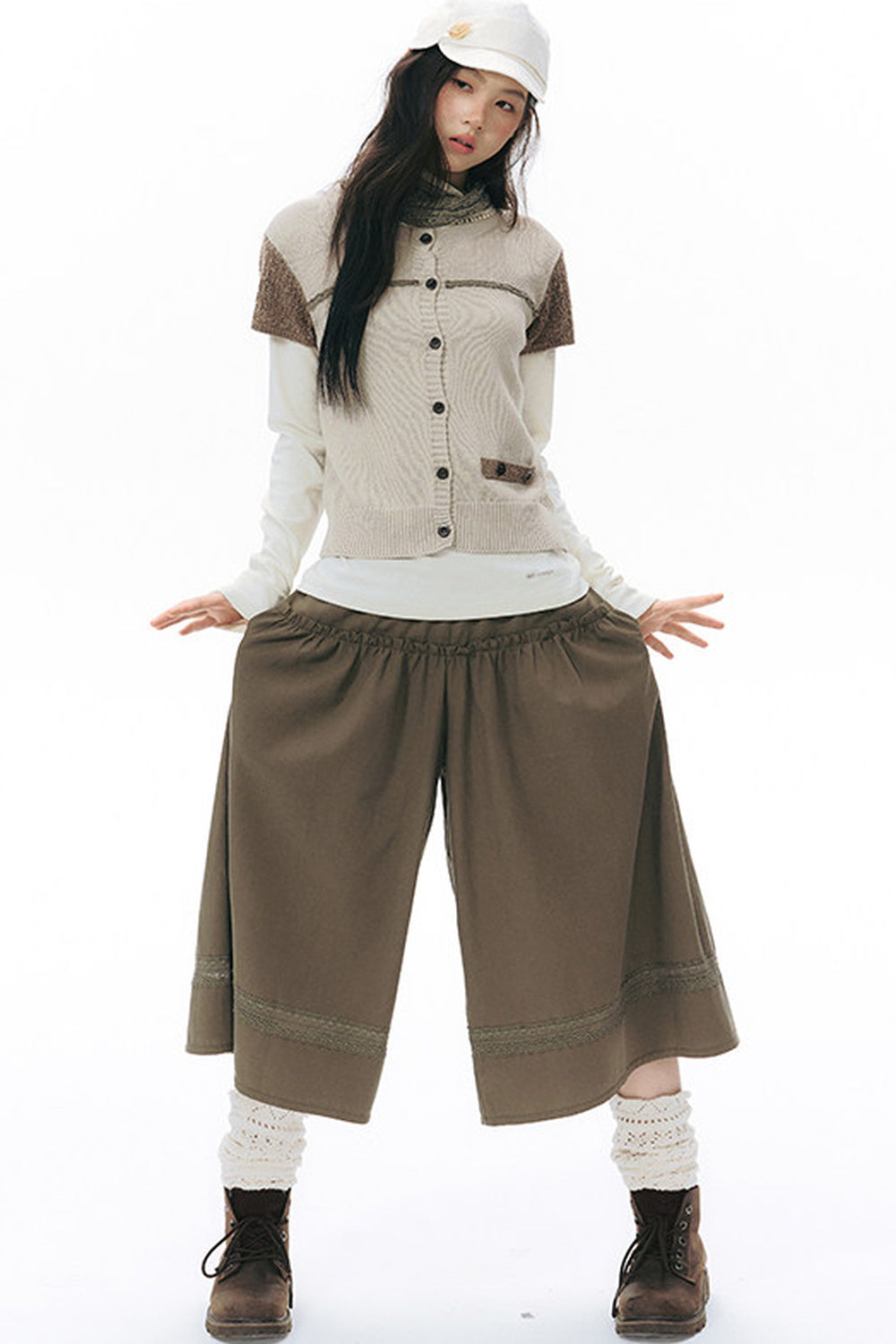 Elastic Waist Patchwork Wide-Leg Skirt Pants