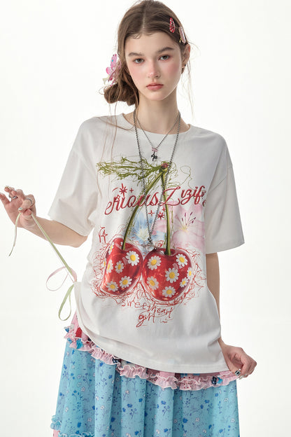 Kurzärmeliges T-Shirt mit Kirschprint