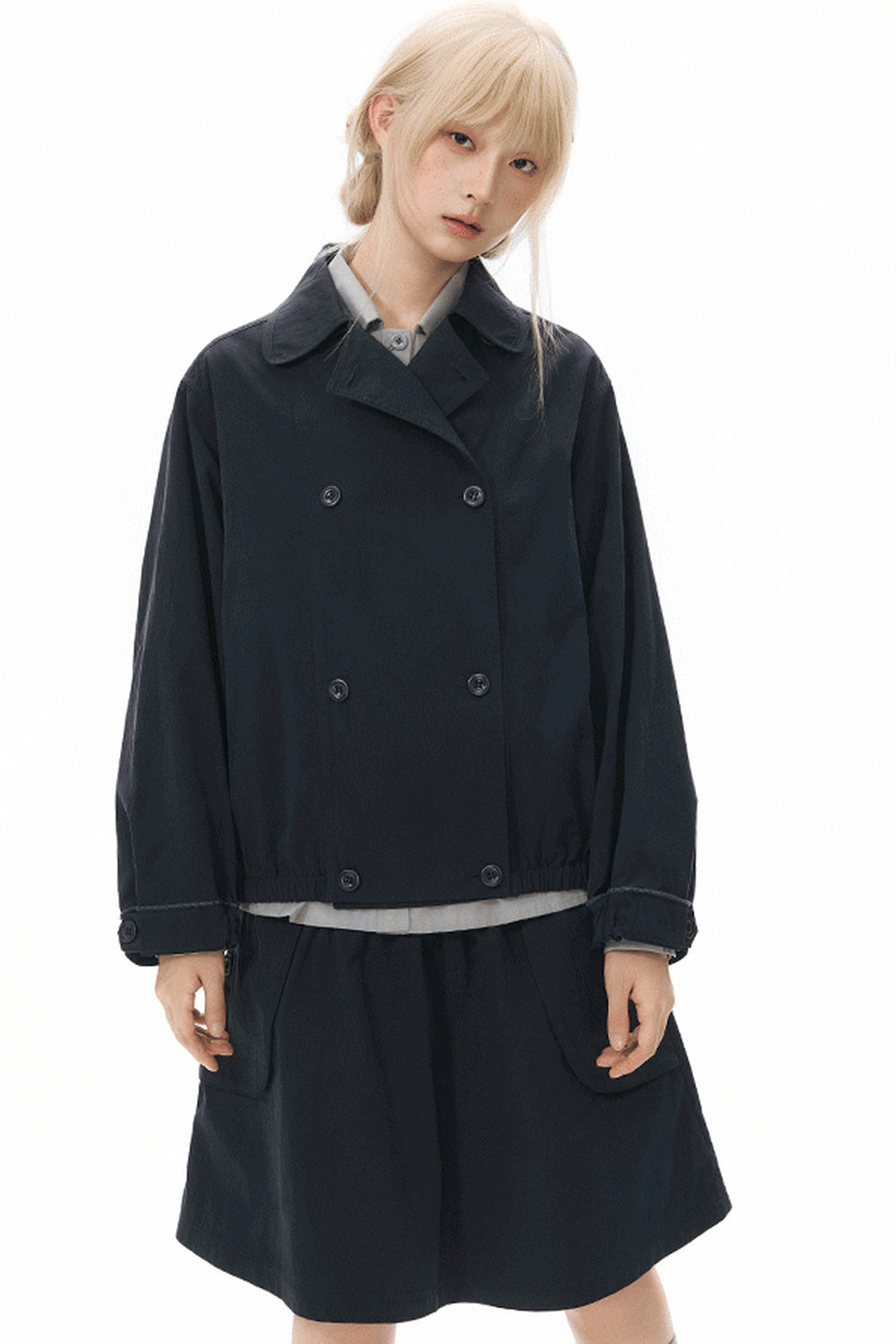 Retro Double-Breasted Workwear Jacket and Skirt Set-Up