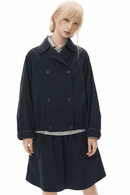 Retro Double-Breasted Workwear Jacket and Skirt Set-Up