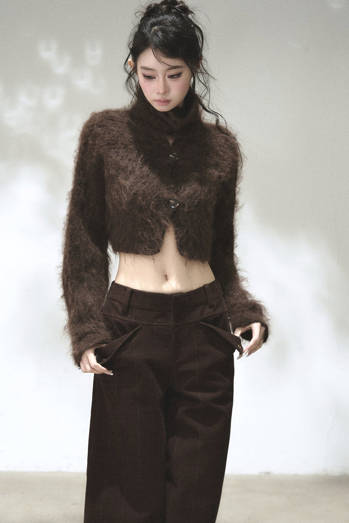 Long-Haired Turtleneck Knit Cardigan