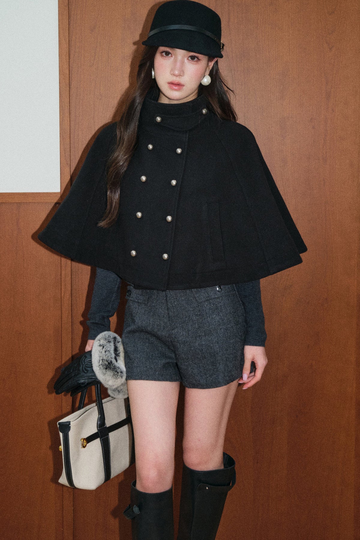Double-Breasted Wool Cape and Shawl Shorts Set-Up