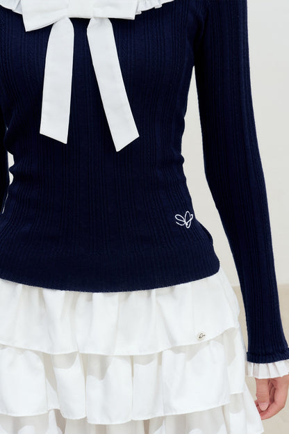 Doll Collar Detachable Bow Knit Top