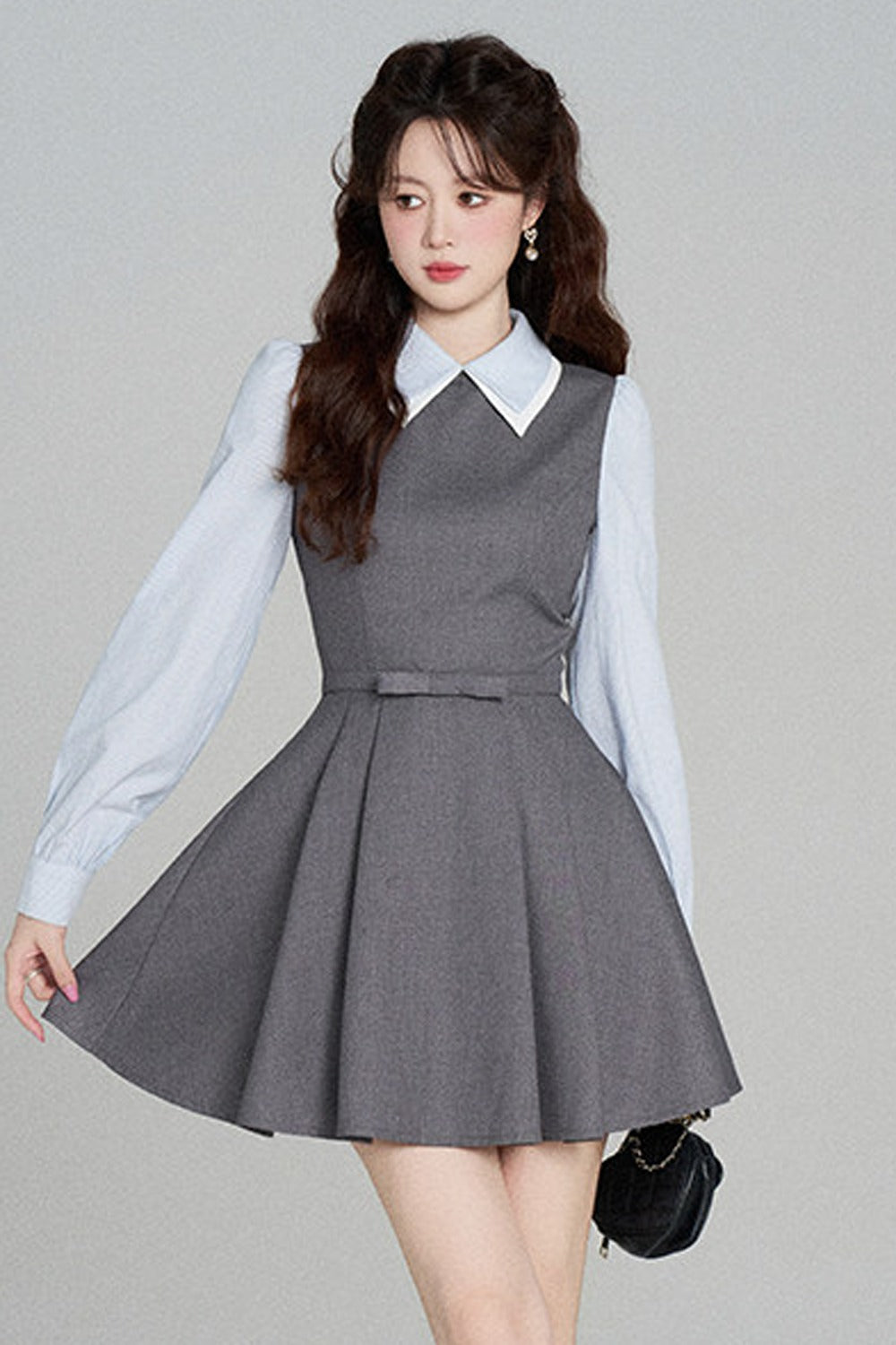 Gray Long-Sleeved A-Line Full Skirt Dress