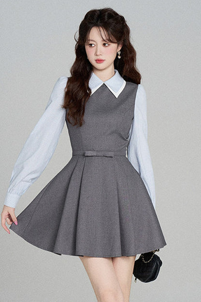 Gray Long-Sleeved A-Line Full Skirt Dress