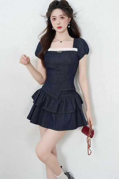 Denim Puff Sleeve Top And Skirt Set