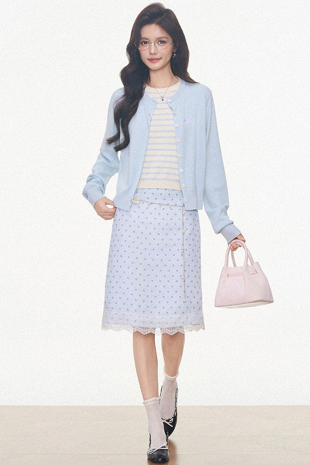 Light Blue Knitted Cardigan and Polka Dot Midi Skirt Set-Up
