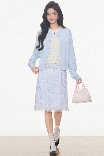 Light Blue Knitted Cardigan and Polka Dot Midi Skirt Set-Up