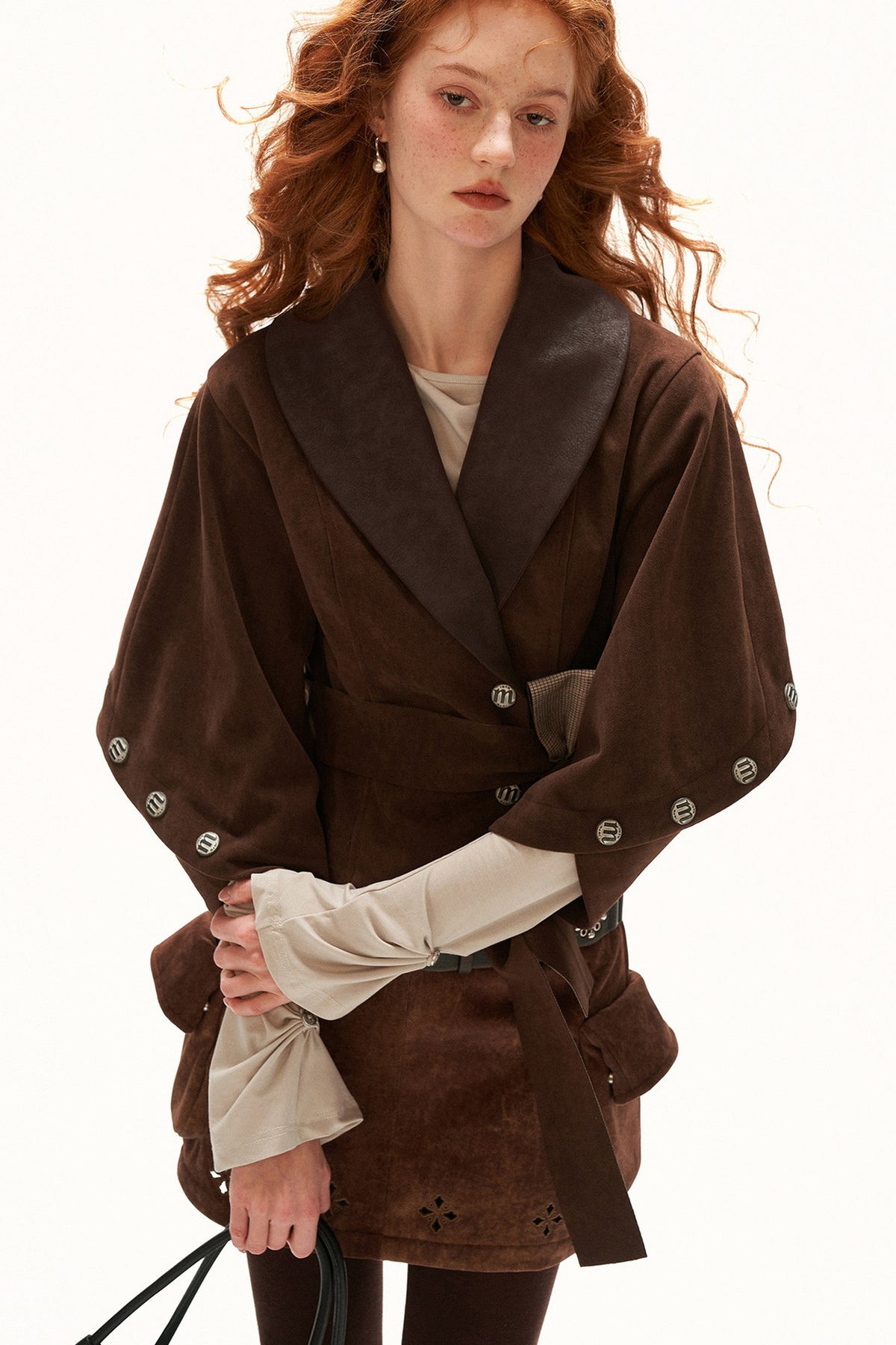 Plaid Suede-Like Leather Patchwork Cinched Waist Jacket