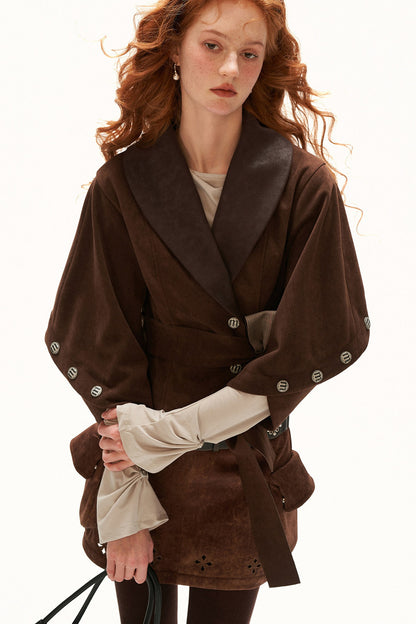 Plaid Suede-Like Leather Patchwork Cinched Waist Jacket