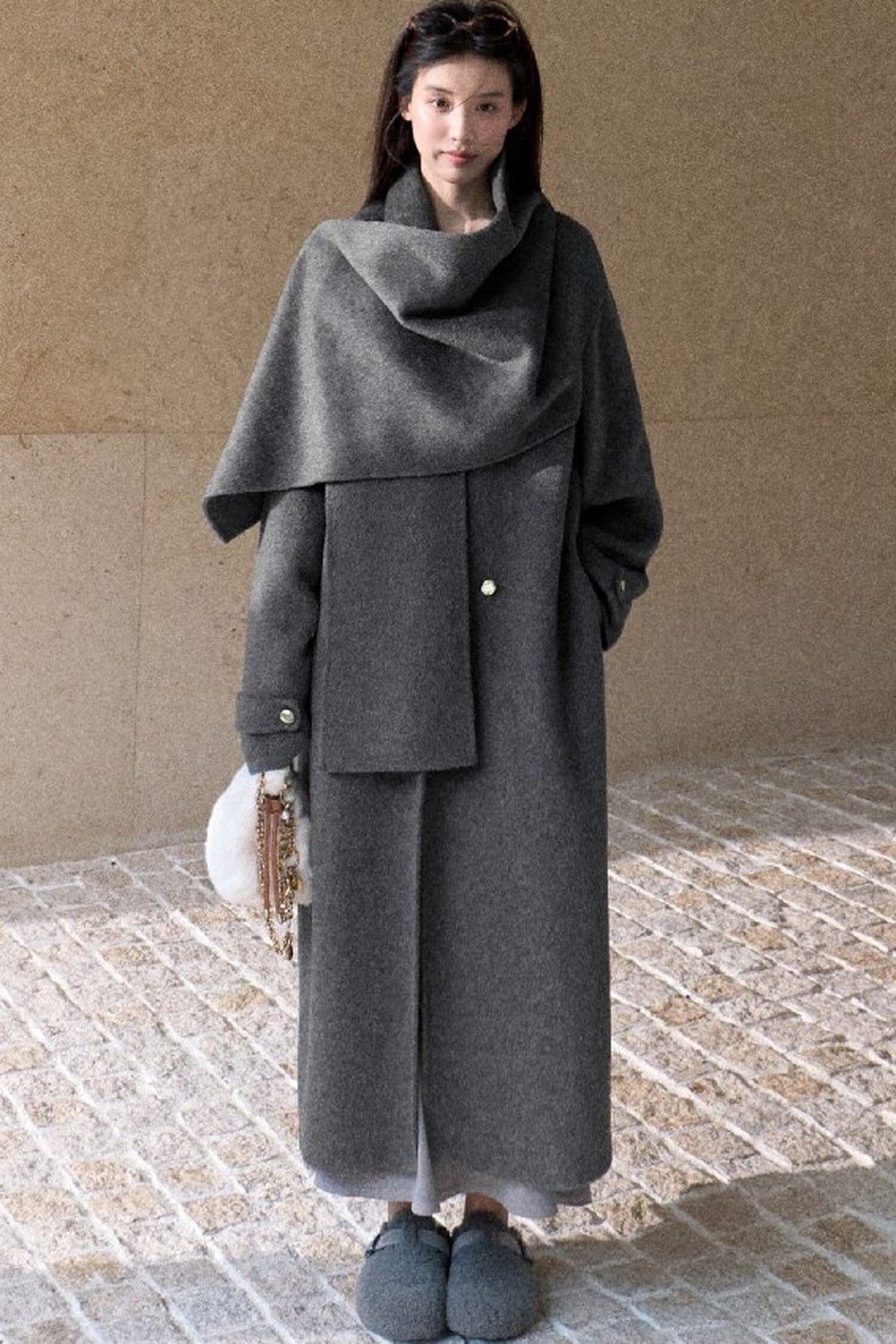 Double-Sided Wool Scarf Collar Coat
