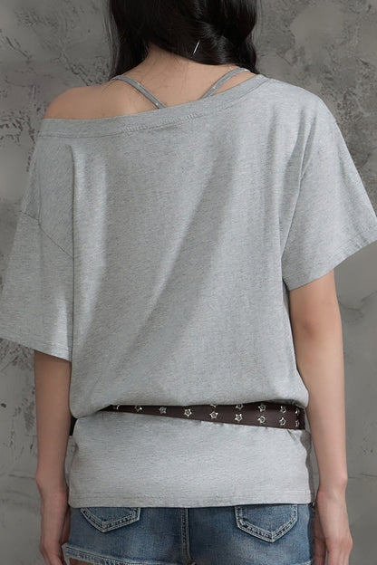 Slanted Shoulder Off-Shoulder T-Shirt Top and Pants Set-Up
