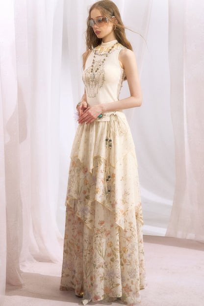 Floral Print Irregular Tiered Chiffon Skirt