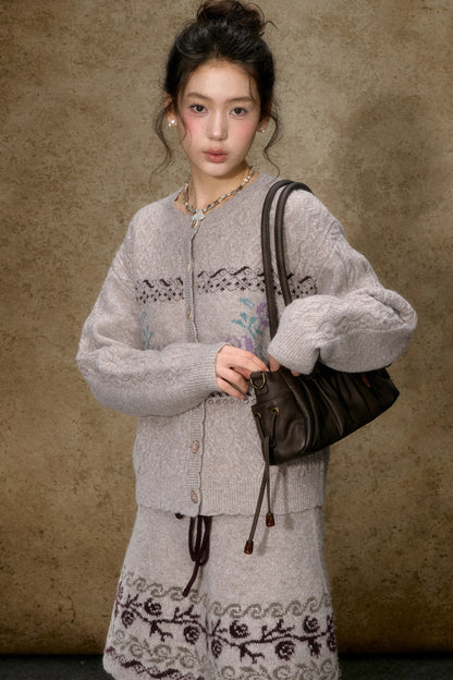 High-Waisted Floral Jacquard Knit A-Line Drawstring Skirt Set-Up