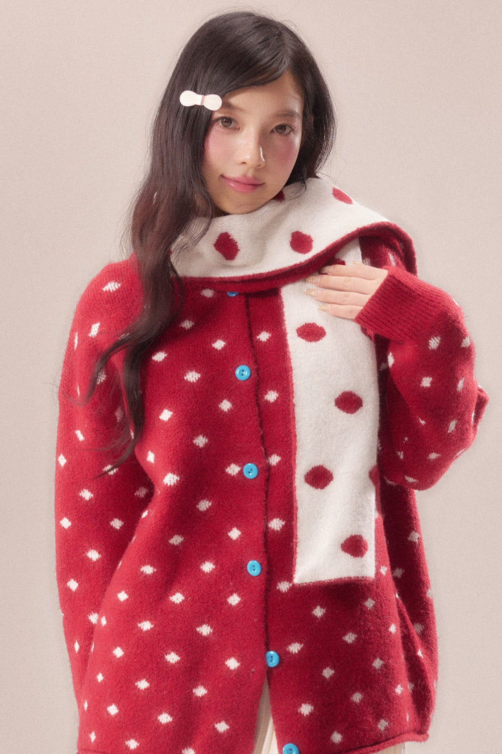 Polka Dot Scarf Knit Cardigan