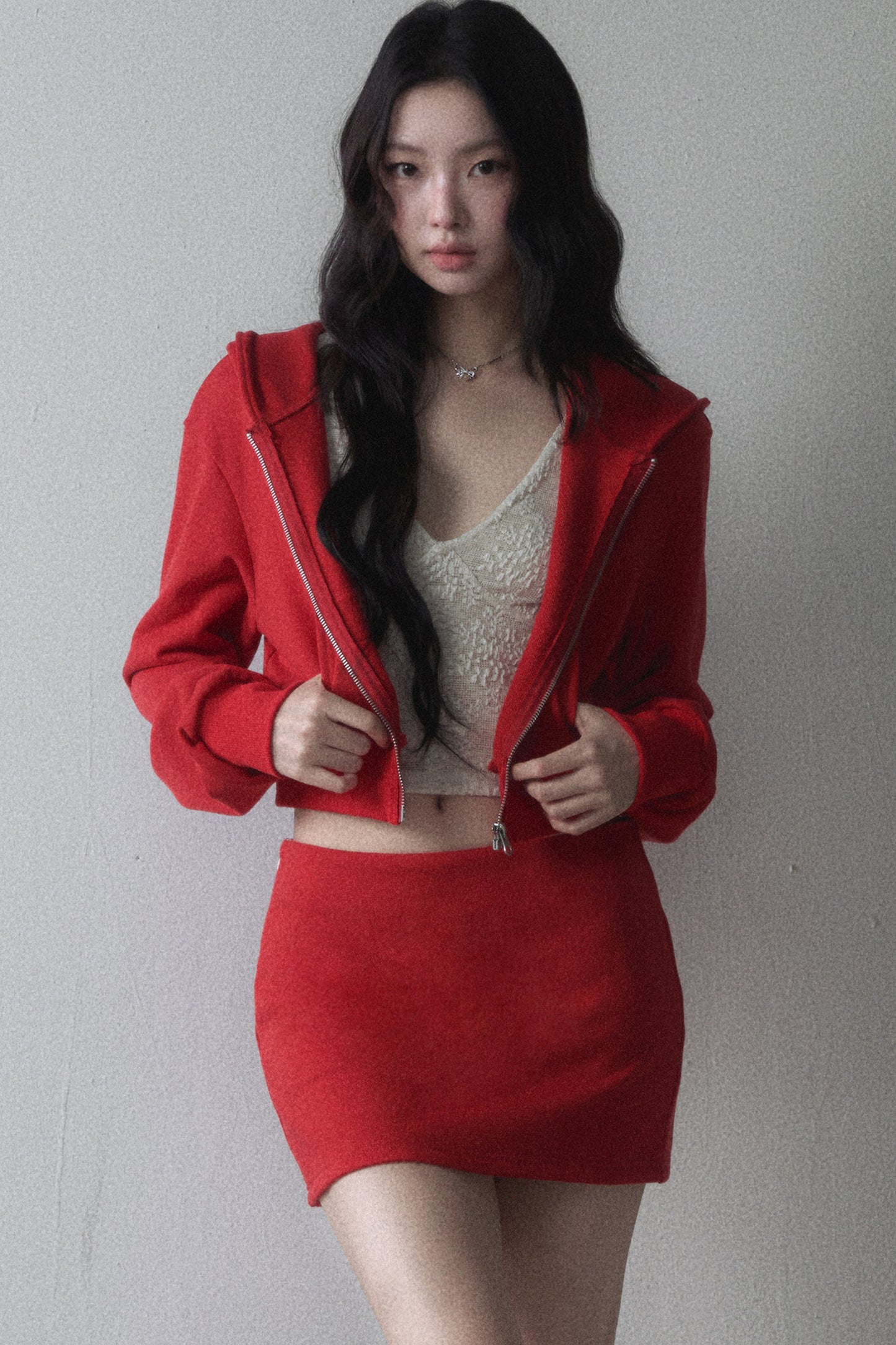 Red Hooded Zip-Up Sweatshirt and Hip-Hugging Skirt Set-Up