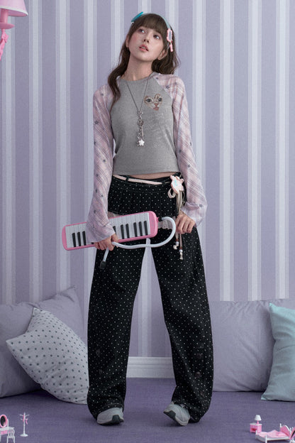 Gray Pink Cat Print Raglan T-shirt