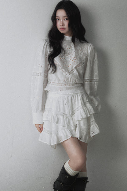 Long-Sleeved Hollow Embroidered Top and Asymmetrical Skirt Set-Up