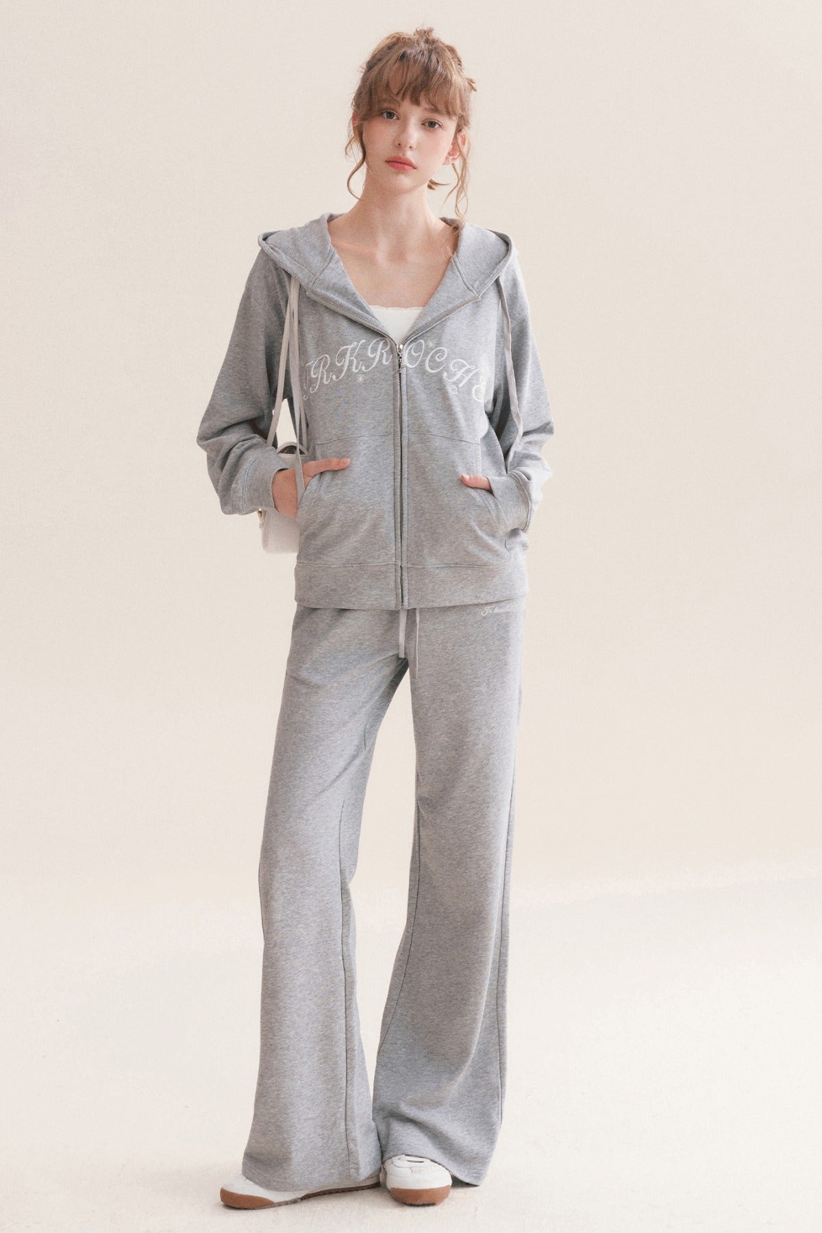 Hooded Logo Embroidered Sweatshirt Jacket and Drawstring Straight-Leg Sweatpants Set-Up