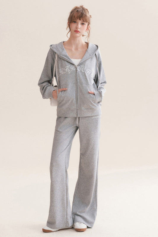 Hooded Logo Embroidered Sweatshirt Jacket and Drawstring Straight-Leg Sweatpants Set-Up