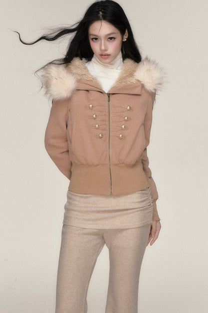 Large Fur Collar Hooded Fleece Jacket