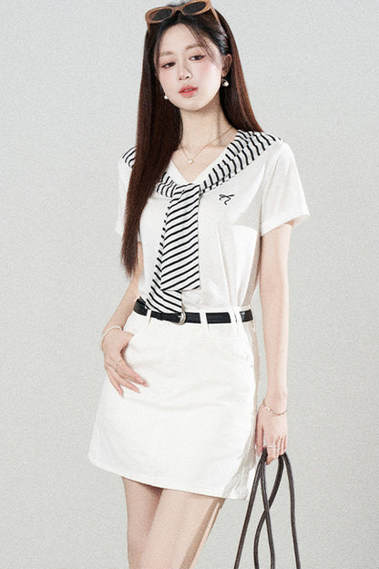Loose Short-Sleeved Striped Shawl T-Shirt and Denim Skirt Set-Up