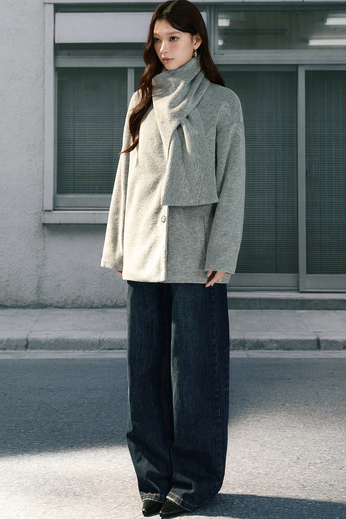 Asymmetrical Scarf Collar Woolen Jacket